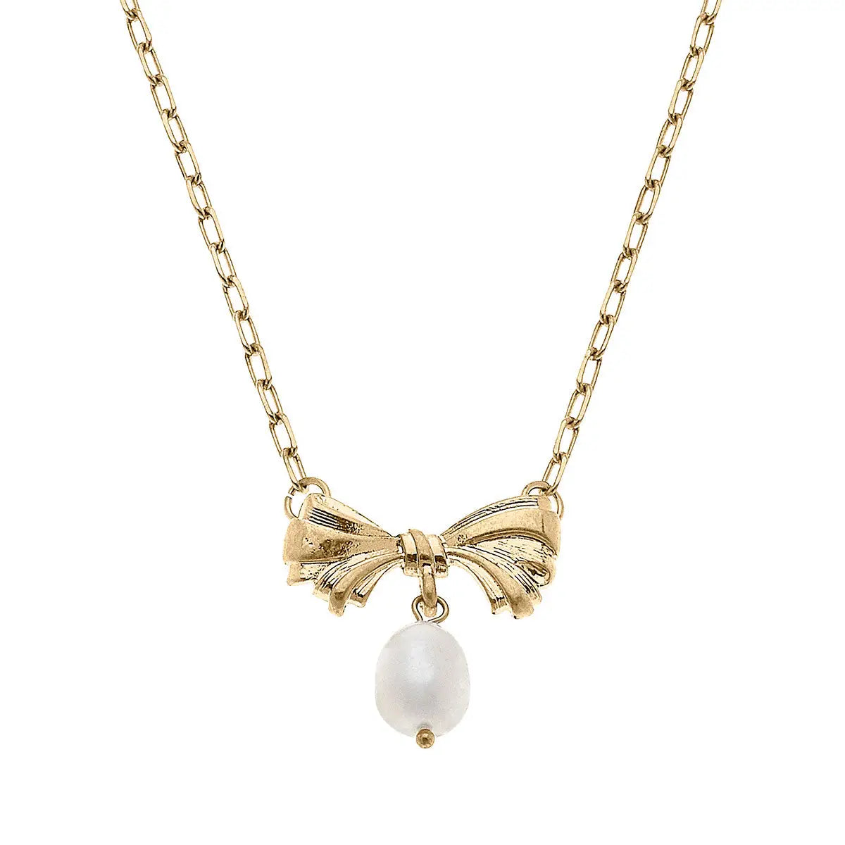 Cici Bow & Pearl Pendant Necklace in Worn Gold