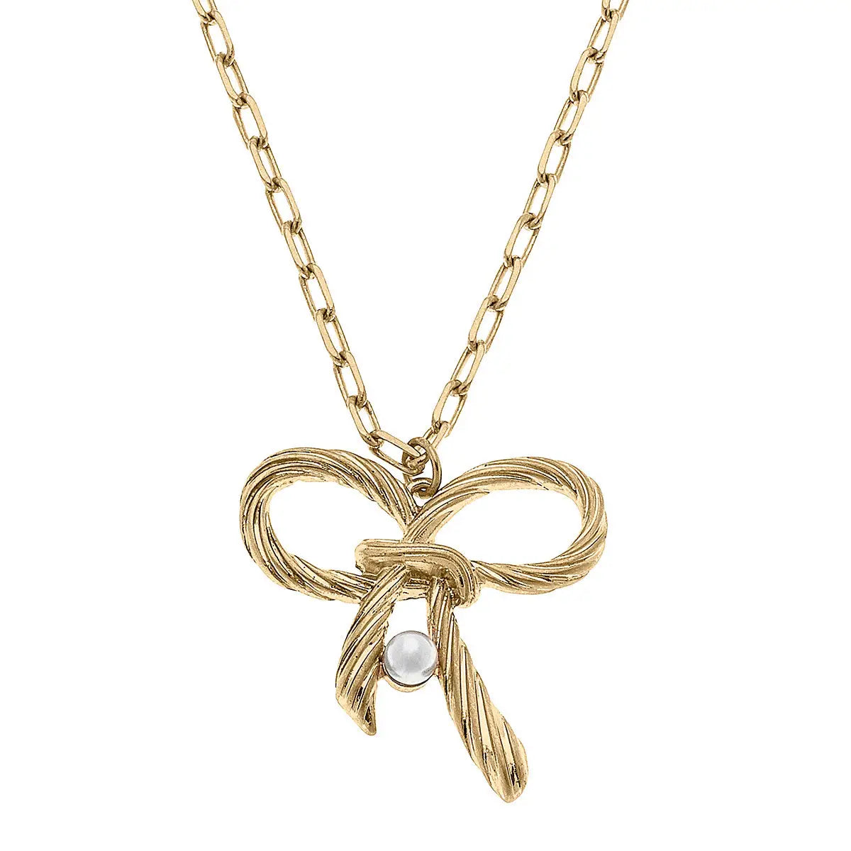 Amy Bow & Pearl Pendant Necklace in Worn Gold