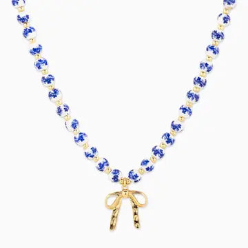 Ceramic Blue Bead Bow Pendant Necklace