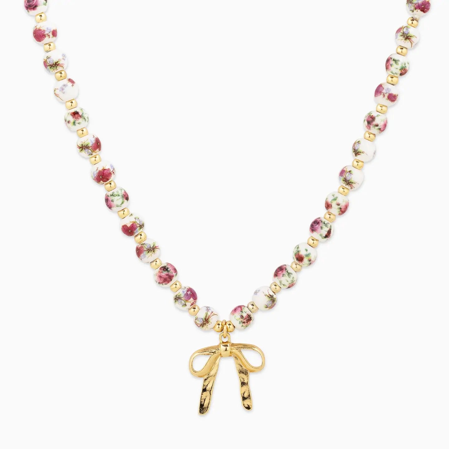 Ceramic Pink Bead Bow Pendant Necklace