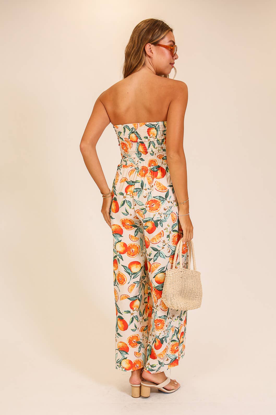 Citrus Print Strapless Wide Leg Jumpsuit