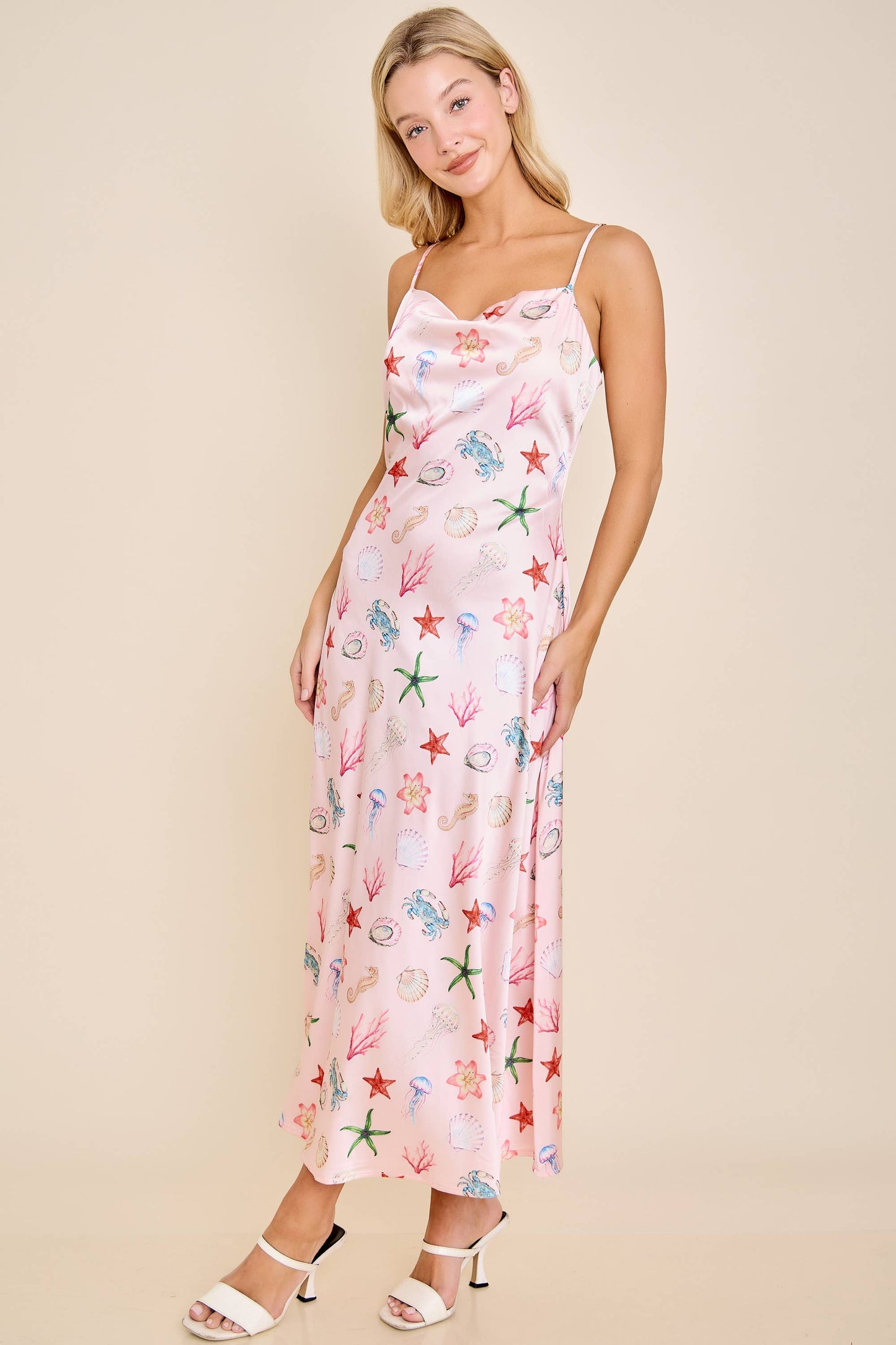 Seashell Coastal Print Slip Midi Dress