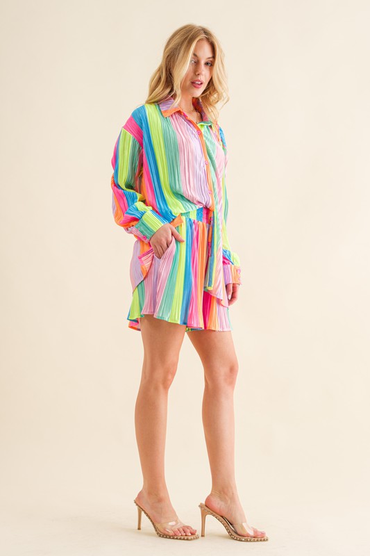 Presley Pleated Rainbow Shirt with Matching Shorts