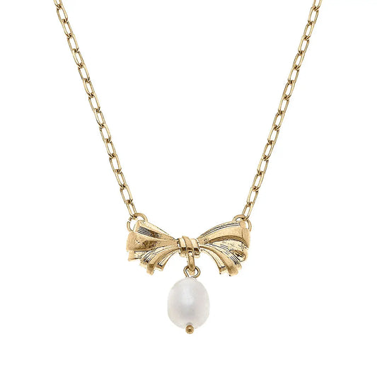 Cici Bow & Pearl Pendant Necklace in Worn Gold