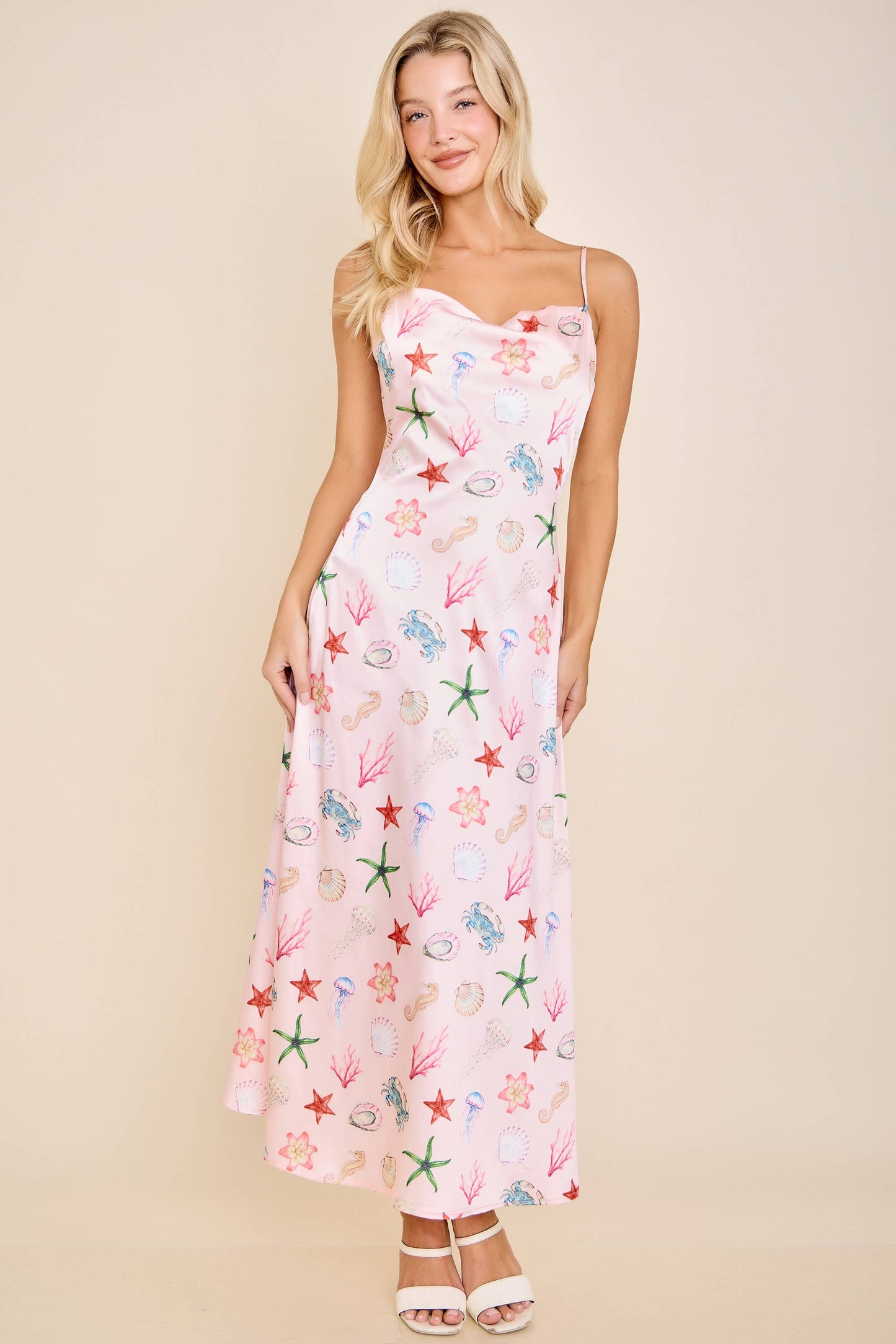 Seashell Coastal Print Slip Midi Dress