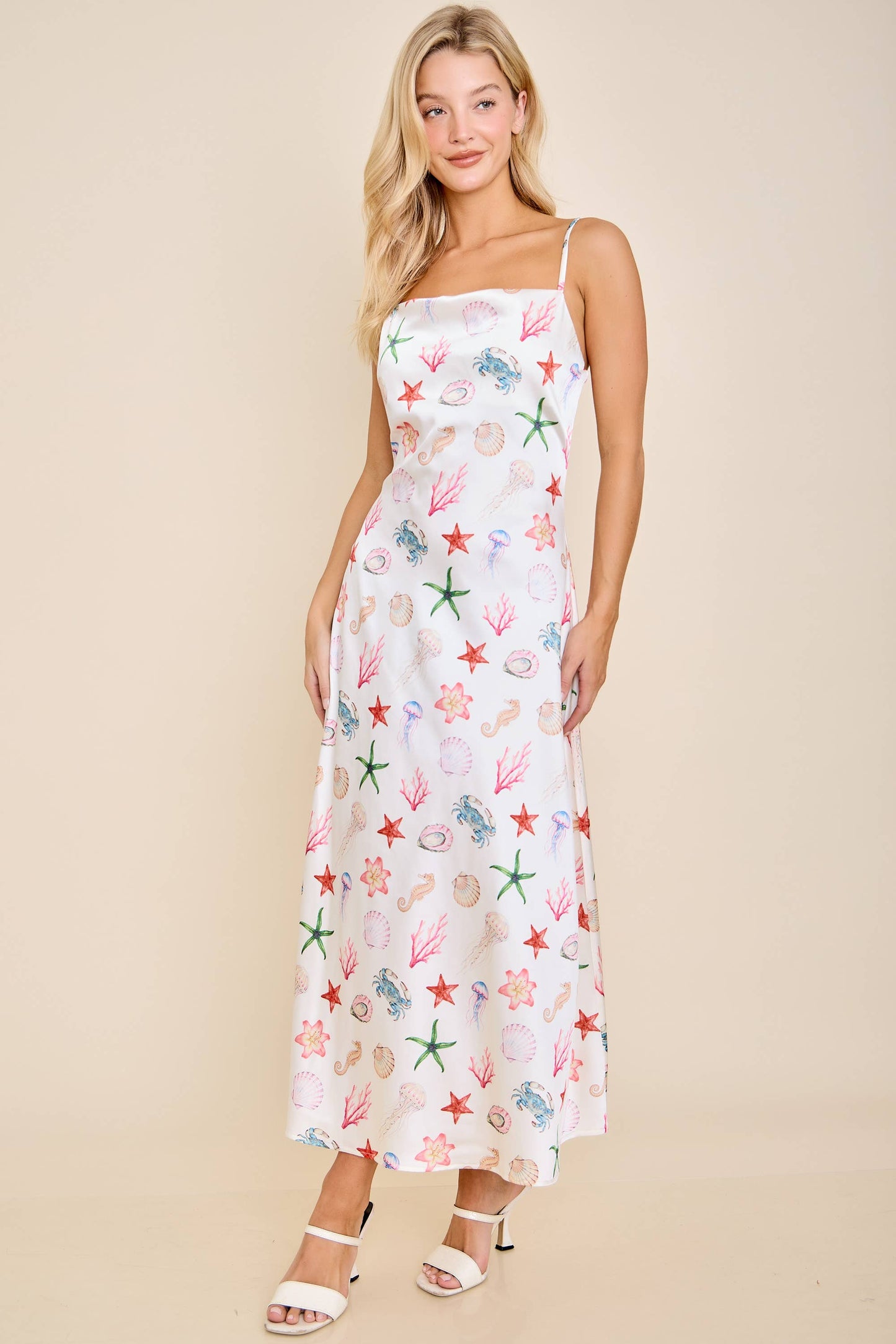 Seashell Coastal Print Slip Midi Dress