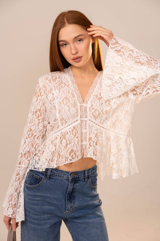 91834T V-Neck Peplum Lace Blouse