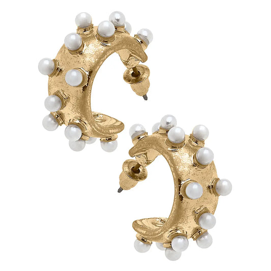 Persephone Pearl Studded Hoop Earrings in Worn Gold