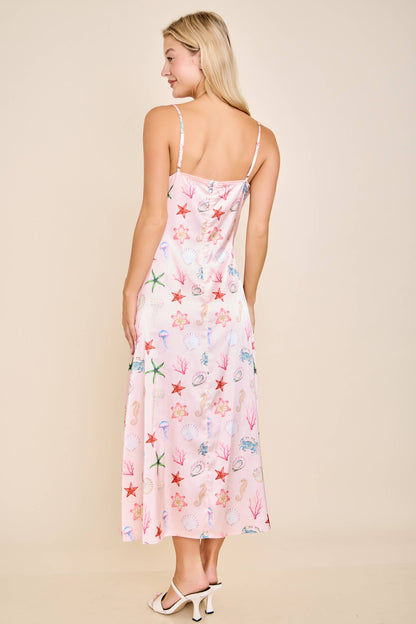 Seashell Coastal Print Slip Midi Dress
