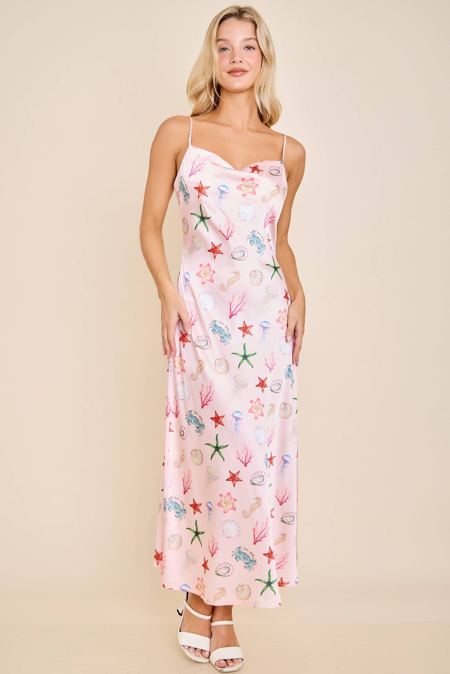 Seashell Coastal Print Slip Midi Dress
