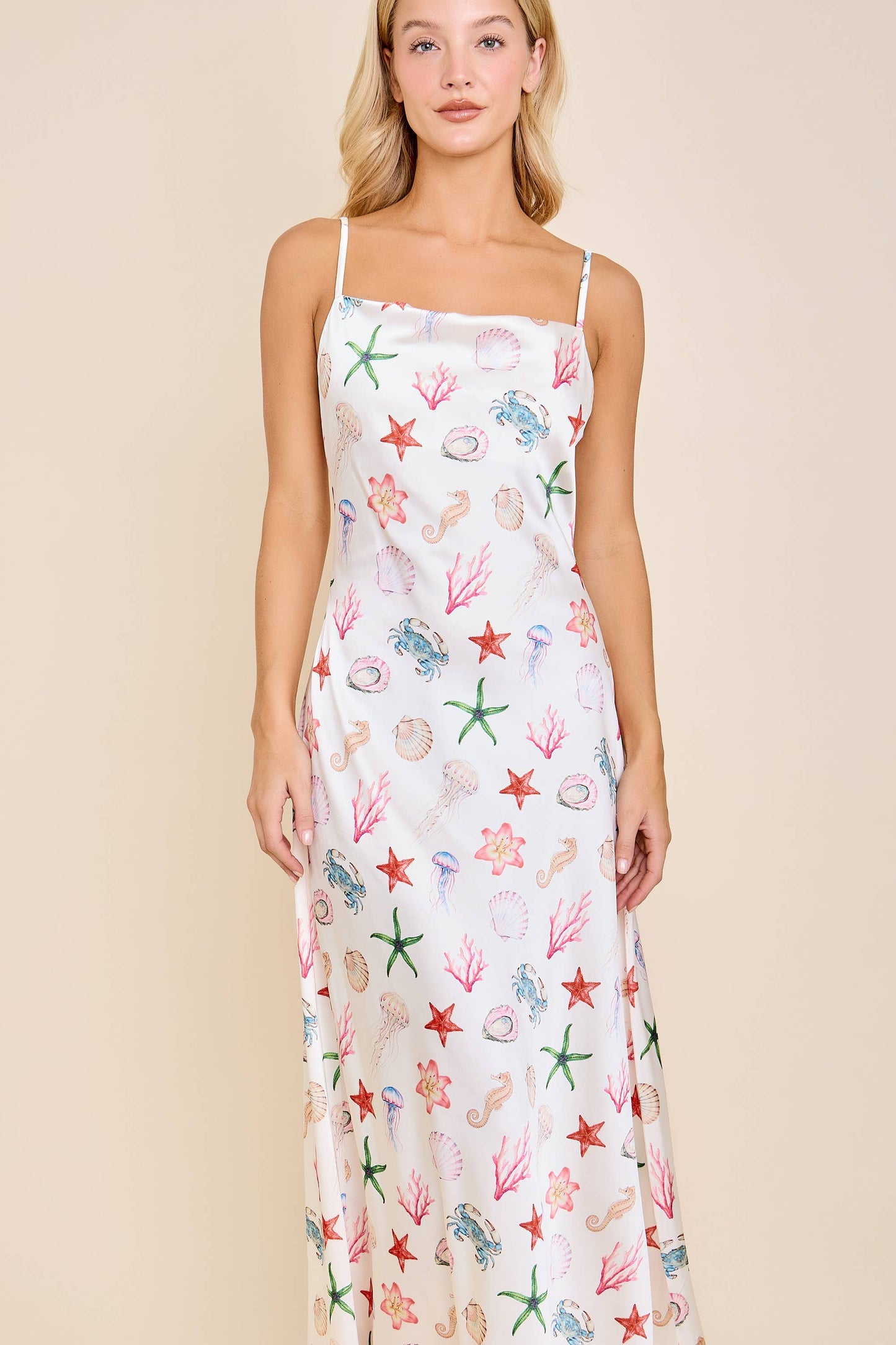 Seashell Coastal Print Slip Midi Dress