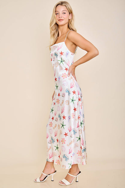 Seashell Coastal Print Slip Midi Dress