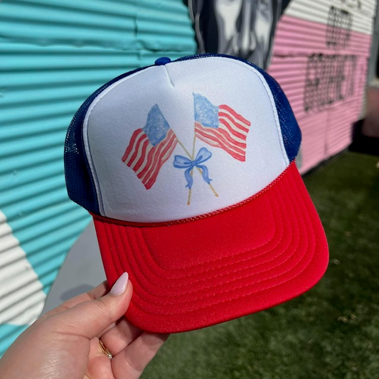 RED WHITE AND BLUE + BOW TRUCKER HAT