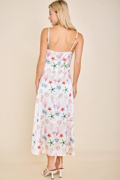 Seashell Coastal Print Slip Midi Dress
