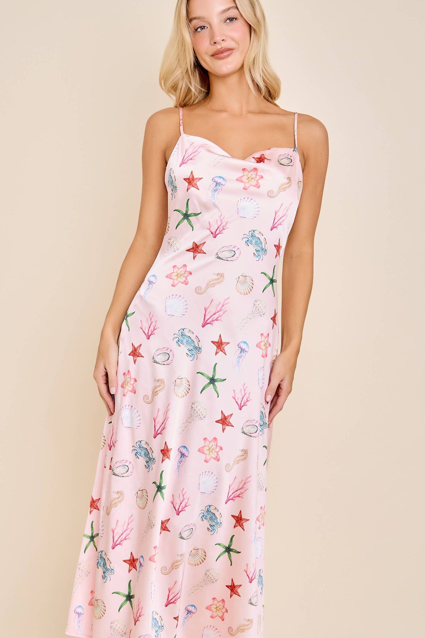 Seashell Coastal Print Slip Midi Dress
