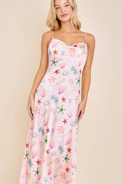Seashell Coastal Print Slip Midi Dress