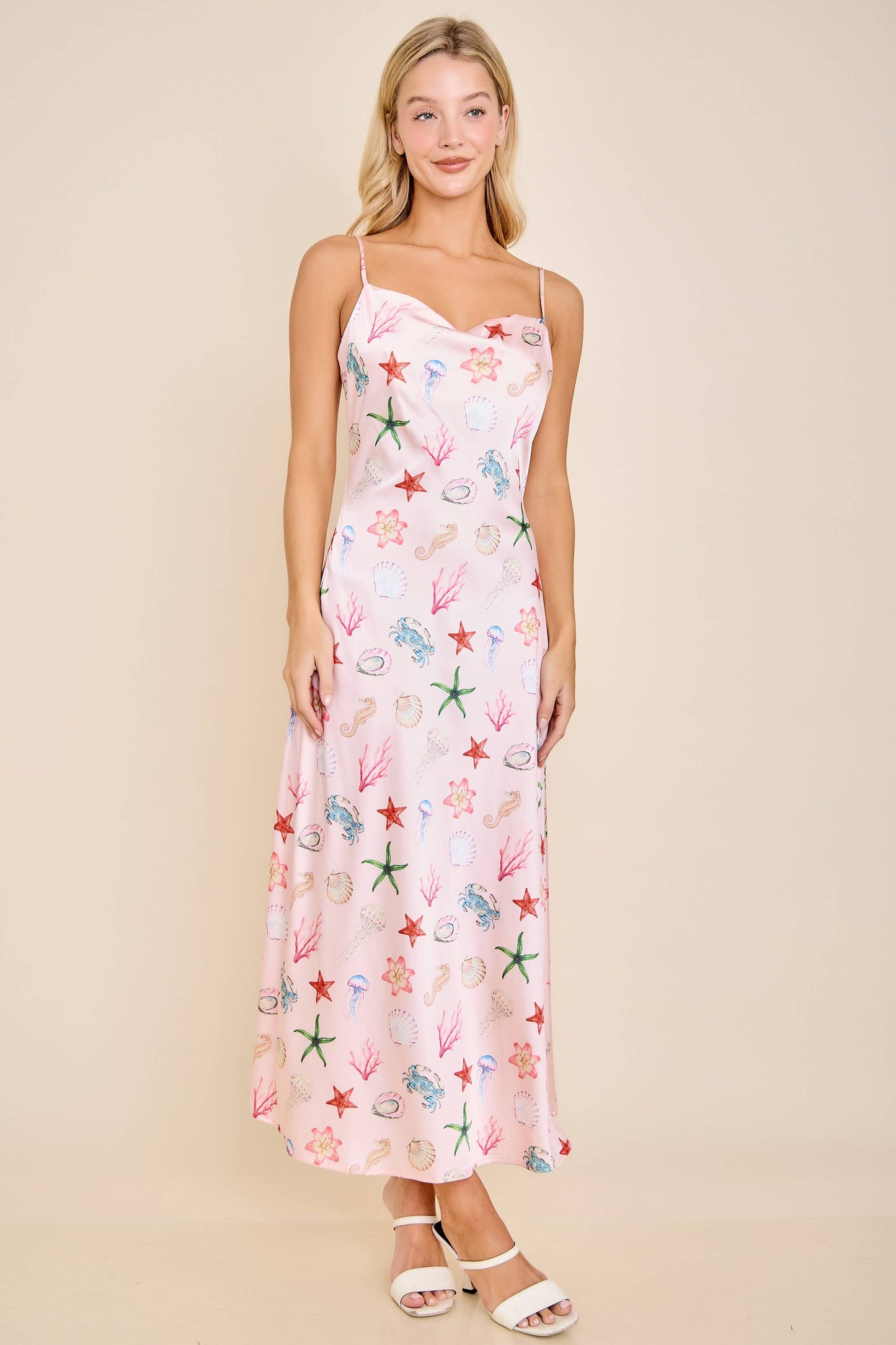 Seashell Coastal Print Slip Midi Dress
