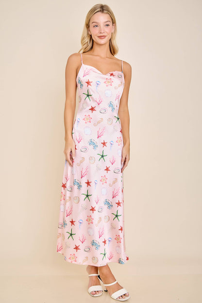 Seashell Coastal Print Slip Midi Dress