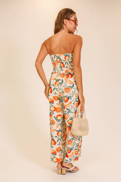 Citrus Print Strapless Wide Leg Jumpsuit