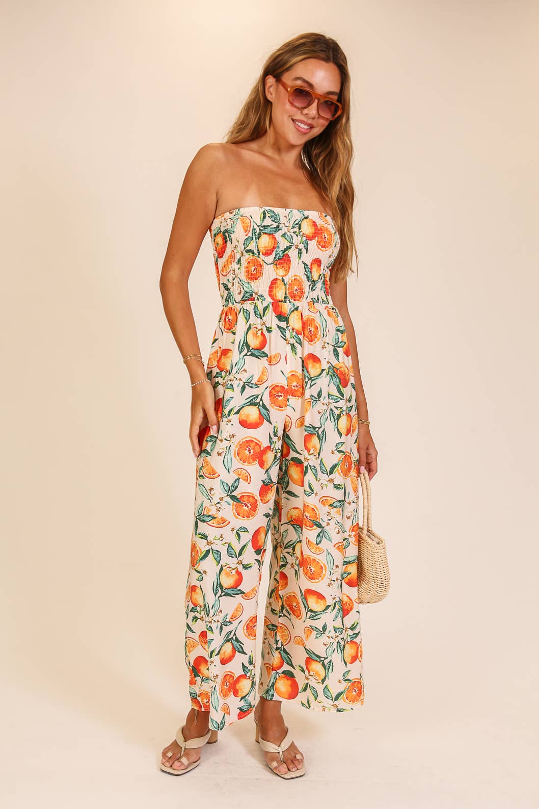 Citrus Print Strapless Wide Leg Jumpsuit
