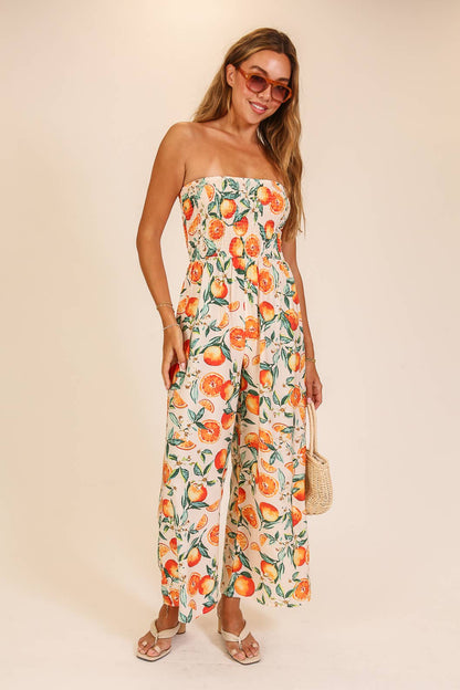 Citrus Print Strapless Wide Leg Jumpsuit
