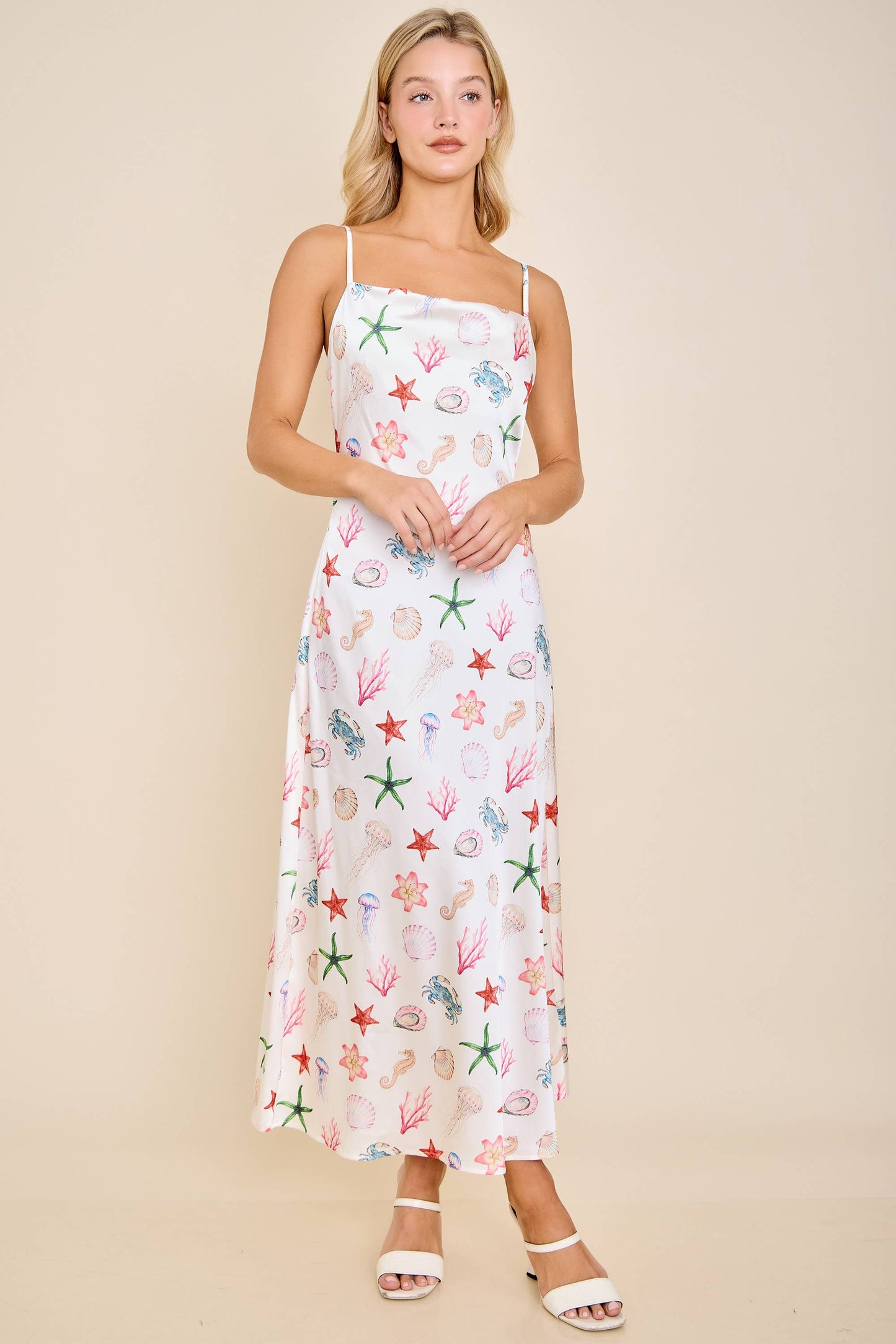Seashell Coastal Print Slip Midi Dress