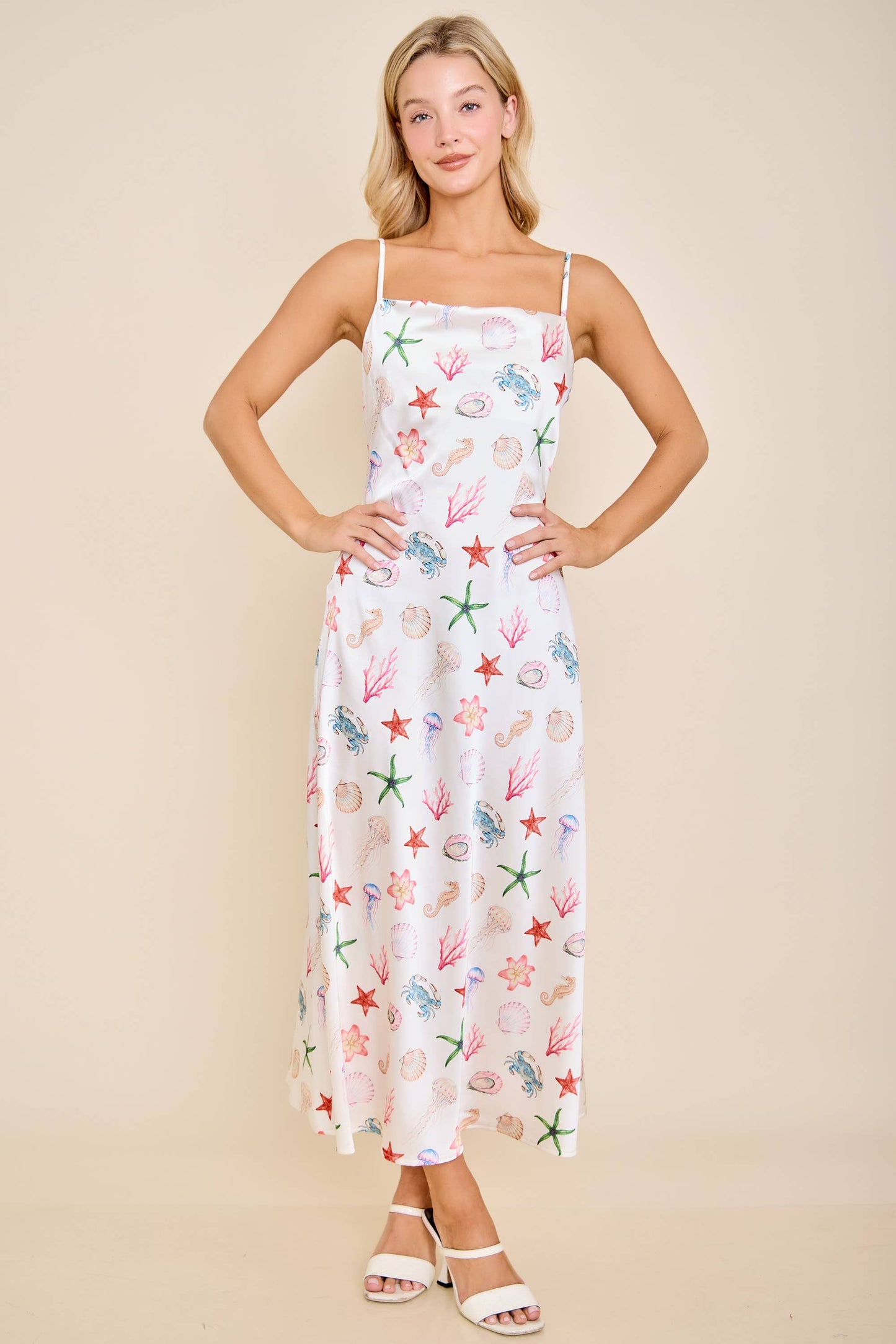 Seashell Coastal Print Slip Midi Dress
