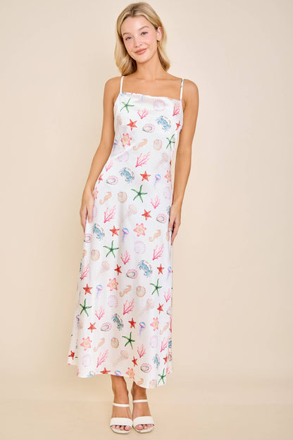 Seashell Coastal Print Slip Midi Dress